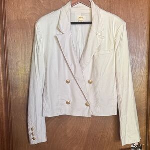 Maeve for Anthropologie Linen Blend Cropped White Blazer with Gold Buttons